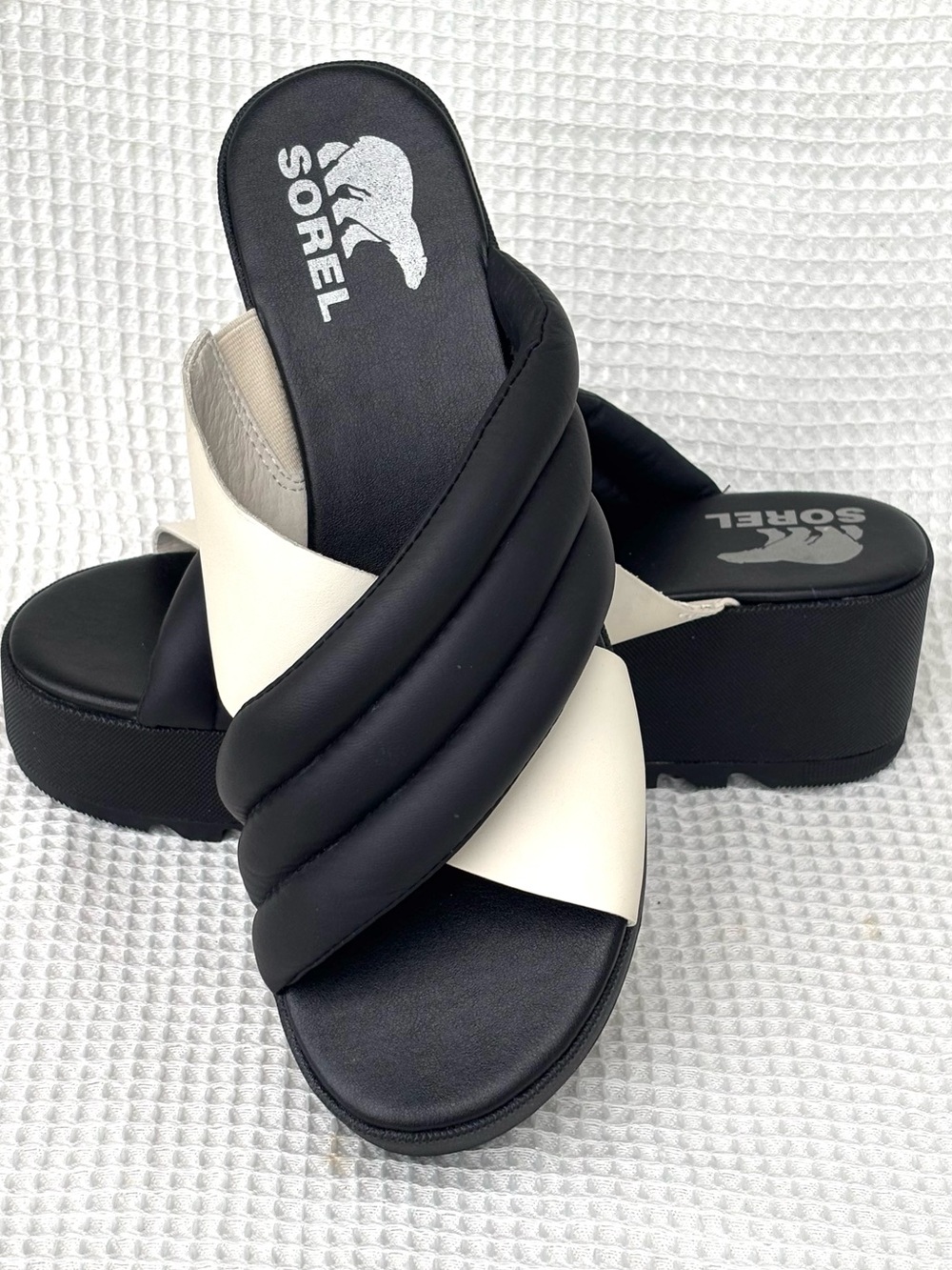 Sorel Black & White Quilted Platform Slide Sandals